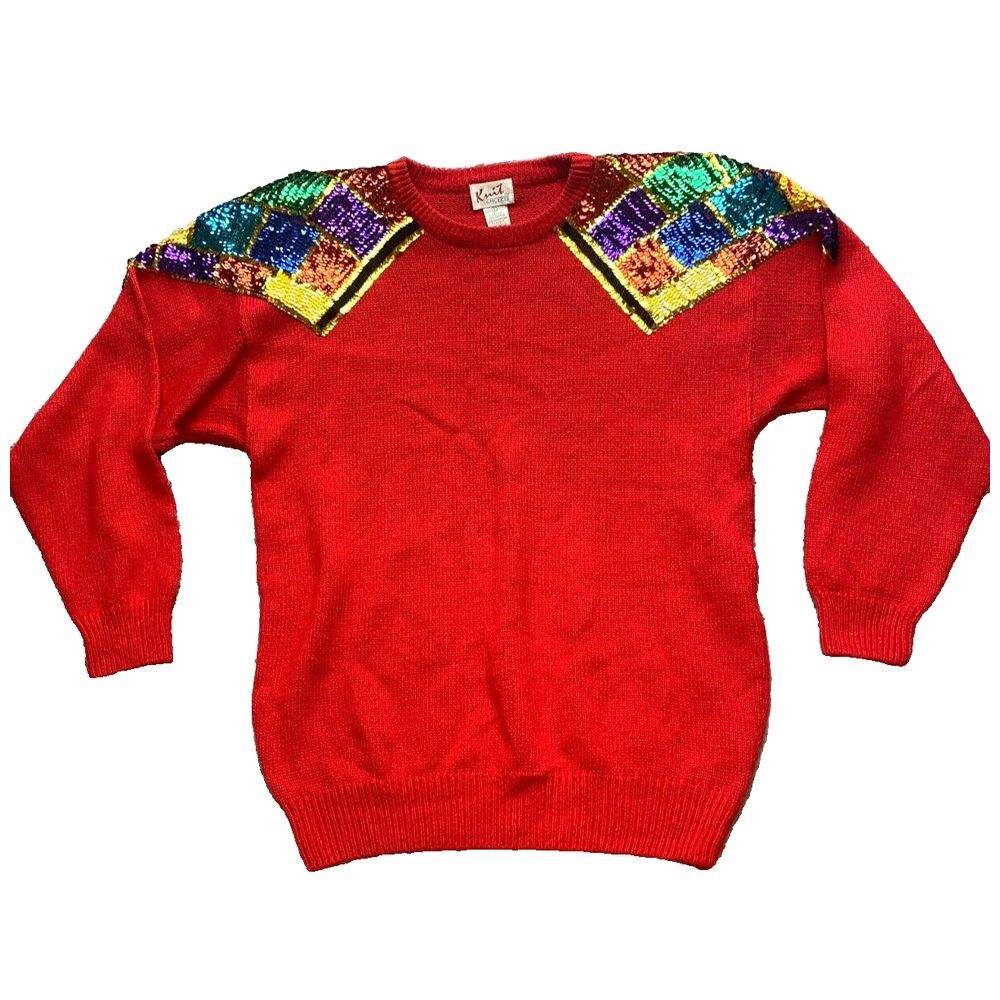 VTG Knit Concept Sweater Womens Large Red Sequined Colorful‎ Outerwear Pullover